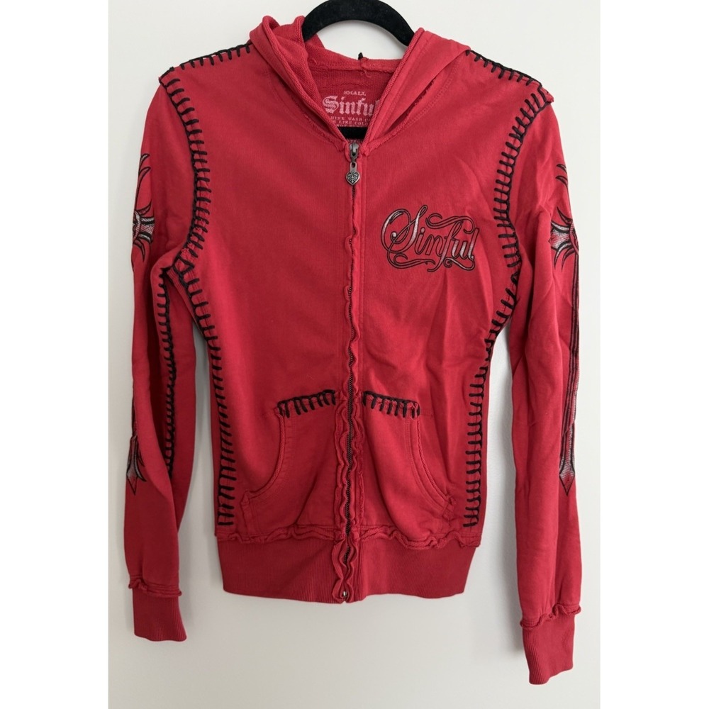 Sinful by Affliction Y2K Hoodie Cyber Grunge Goth Red Women's Size Small‎